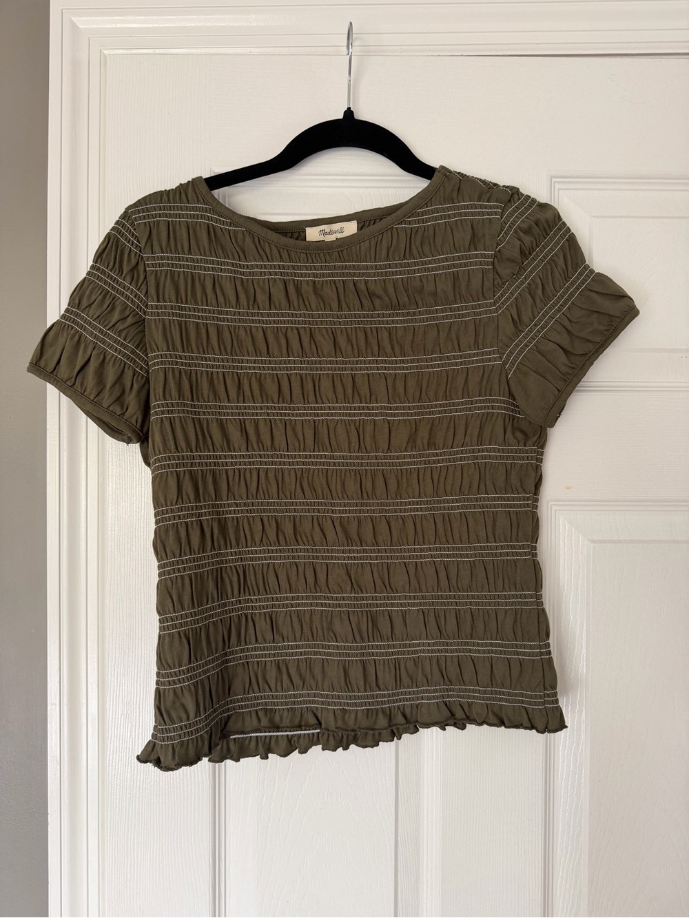 Madewell Olive Textured Ruffled-Hem Short Sleeve Top, size M
